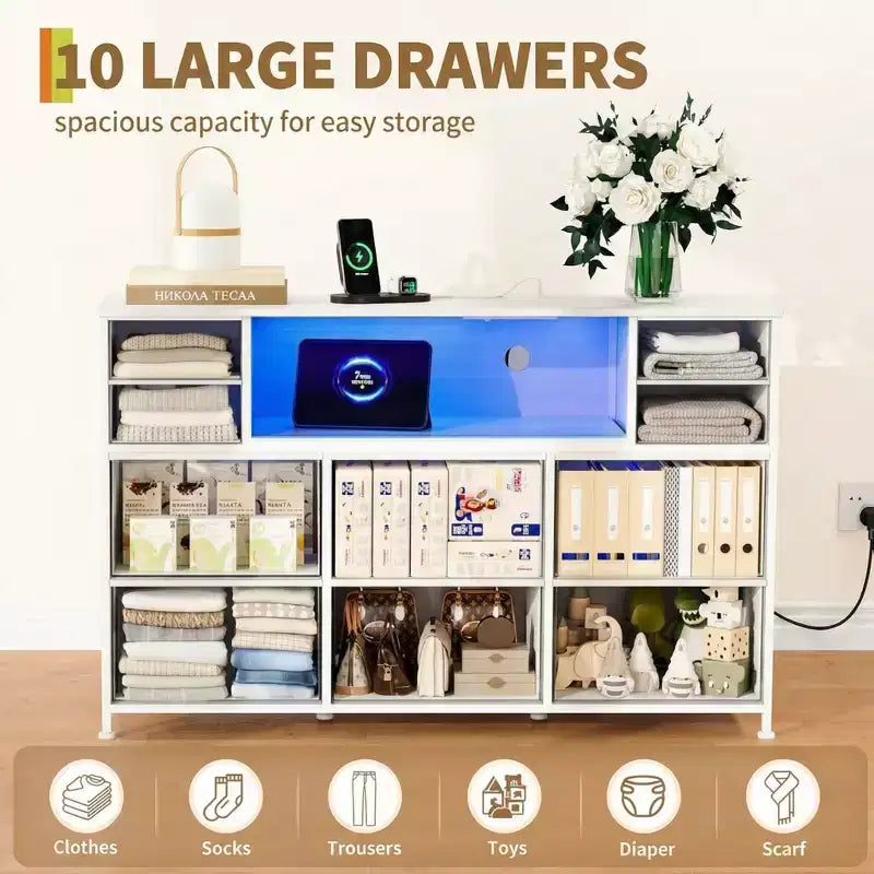 Cassettiera con struttura in metallo, mobili contenitore con 11 cassetti in tessuto, mobile TV con luci LED e stazione di ricarica, adatta per camera da letto e soggiorno