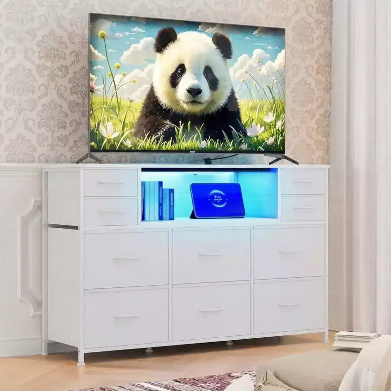 Cassettiera con struttura in metallo, mobili contenitore con 11 cassetti in tessuto, mobile TV con luci LED e stazione di ricarica, adatta per camera da letto e soggiorno