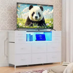 Cassettiera con struttura in metallo, mobili contenitore con 11 cassetti in tessuto, mobile TV con luci LED e stazione di ricarica, adatta per camera da letto e soggiorno
