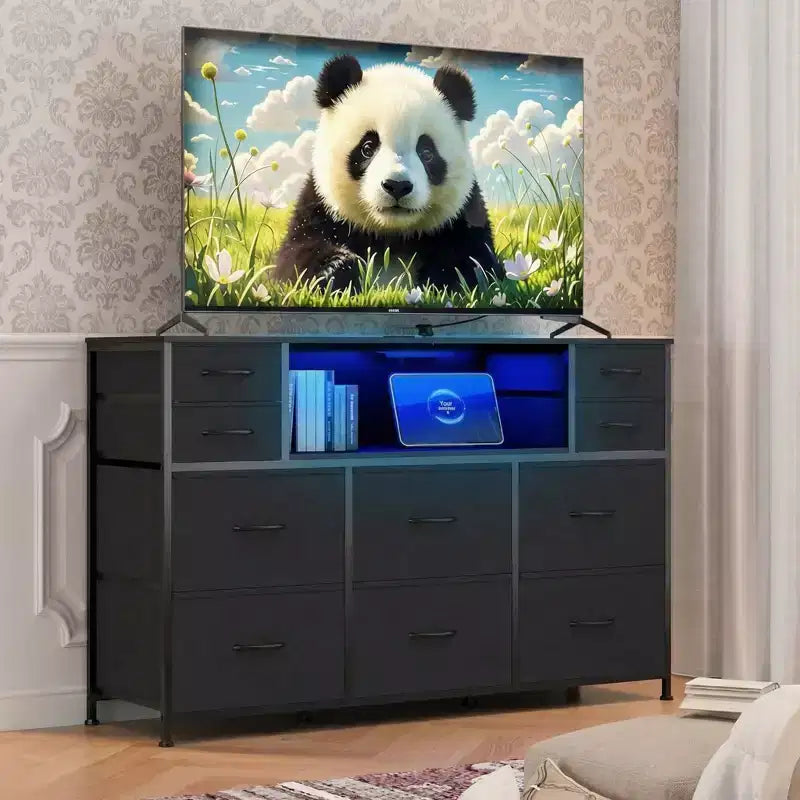Cassettiera con struttura in metallo, mobili contenitore con 11 cassetti in tessuto, mobile TV con luci LED e stazione di ricarica, adatta per camera da letto e soggiorno