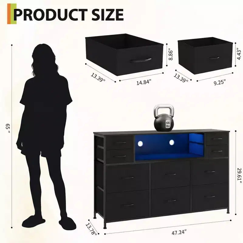 Cassettiera con struttura in metallo, mobili contenitore con 11 cassetti in tessuto, mobile TV con luci LED e stazione di ricarica, adatta per camera da letto e soggiorno