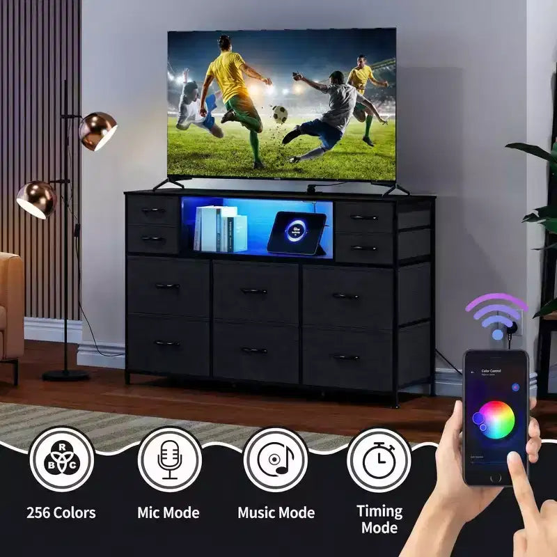 Cassettiera con struttura in metallo, mobili contenitore con 11 cassetti in tessuto, mobile TV con luci LED e stazione di ricarica, adatta per camera da letto e soggiorno