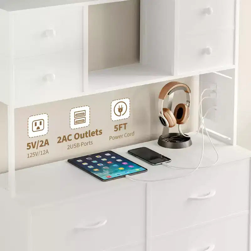 Cassettiera con struttura in metallo, mobili contenitore con 11 cassetti in tessuto, mobile TV con luci LED e stazione di ricarica, adatta per camera da letto e soggiorno