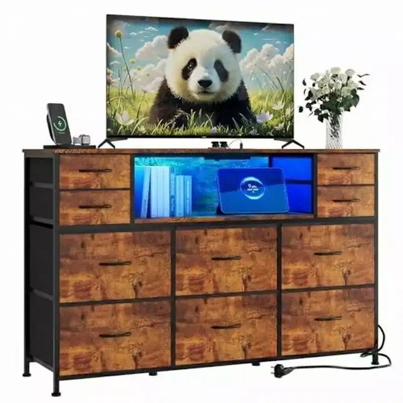 Cassettiera con struttura in metallo, mobili contenitore con 11 cassetti in tessuto, mobile TV con luci LED e stazione di ricarica, adatta per camera da letto e soggiorno