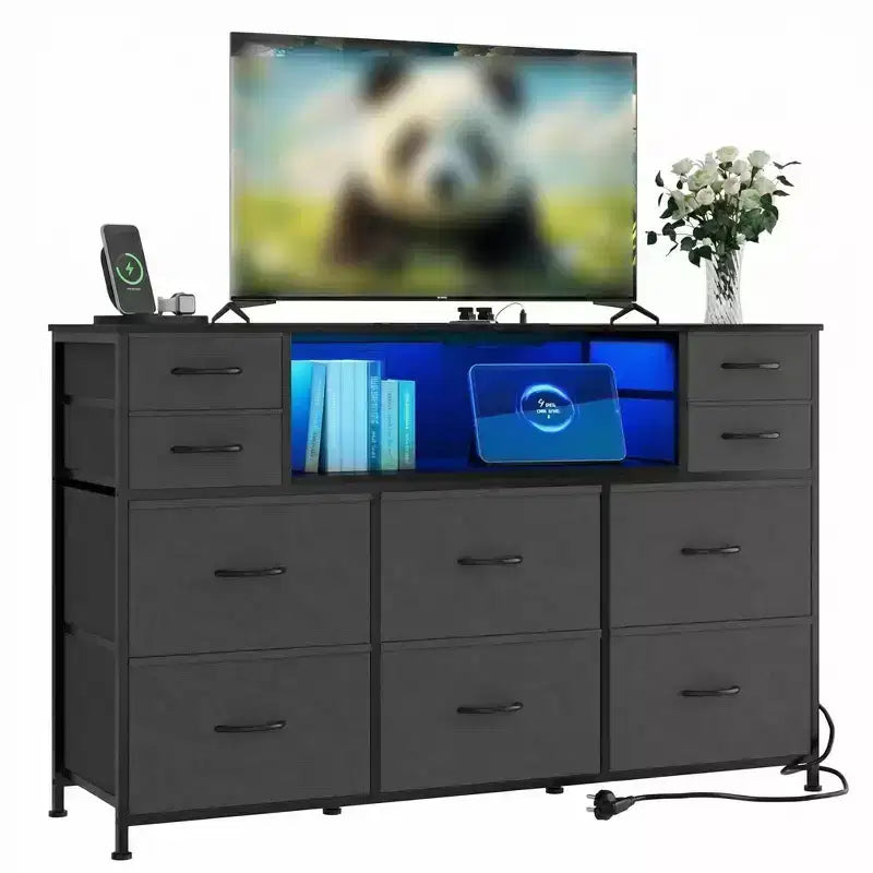Cassettiera con struttura in metallo, mobili contenitore con 11 cassetti in tessuto, mobile TV con luci LED e stazione di ricarica, adatta per camera da letto e soggiorno