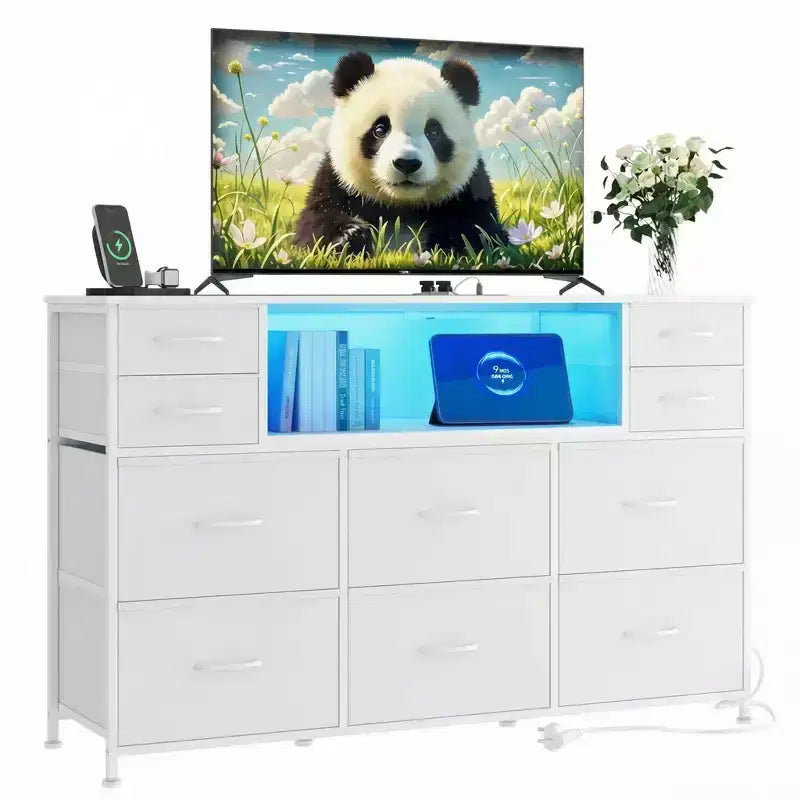 Cassettiera con struttura in metallo, mobili contenitore con 11 cassetti in tessuto, mobile TV con luci LED e stazione di ricarica, adatta per camera da letto e soggiorno