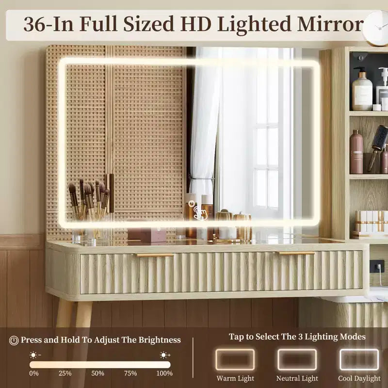Scrivania da trucco illuminata bianca con cassetti, monoposto