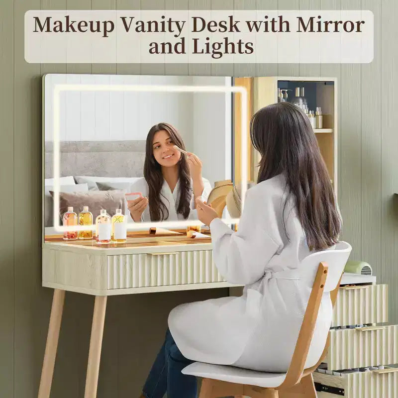 Scrivania da trucco illuminata bianca con cassetti, monoposto