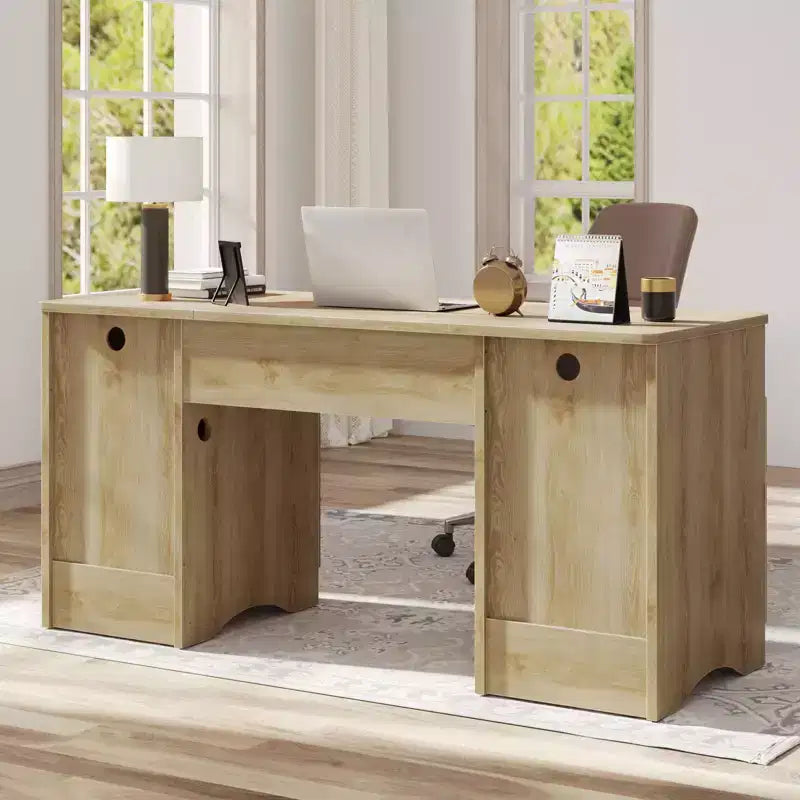 Scrivania direzionale scanalata da 150 cm con contenitore, 2 cassetti e armadietto – Quercia marrone / Quercia naturale, 1 persona
