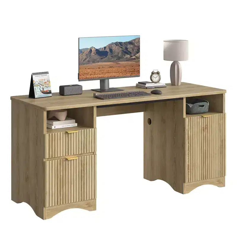 Scrivania direzionale scanalata da 150 cm con contenitore, 2 cassetti e armadietto – Quercia marrone / Quercia naturale, 1 persona