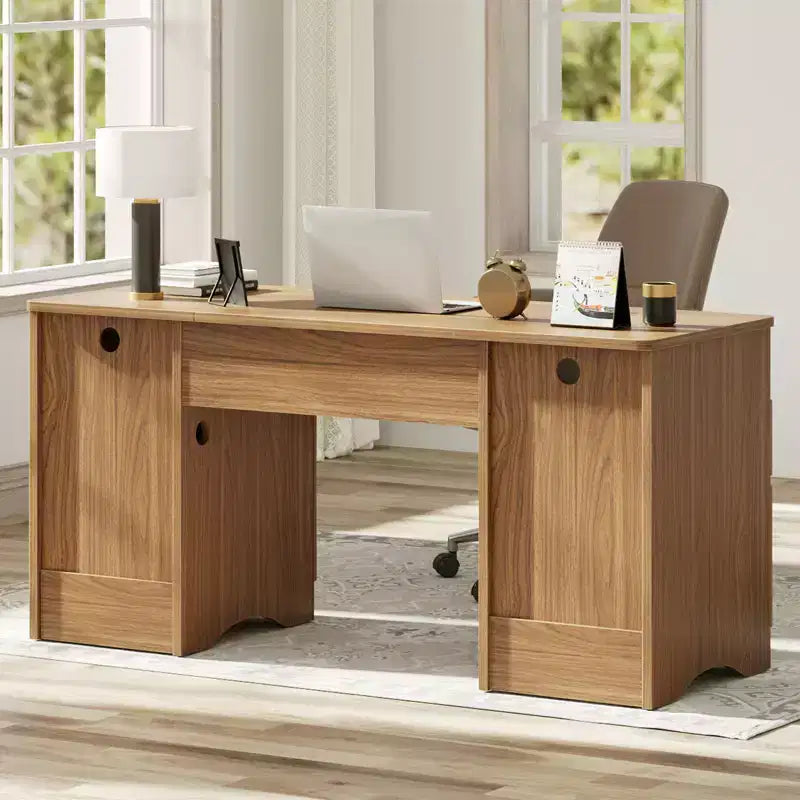 Scrivania direzionale scanalata da 150 cm con contenitore, 2 cassetti e armadietto – Quercia marrone / Quercia naturale, 1 persona