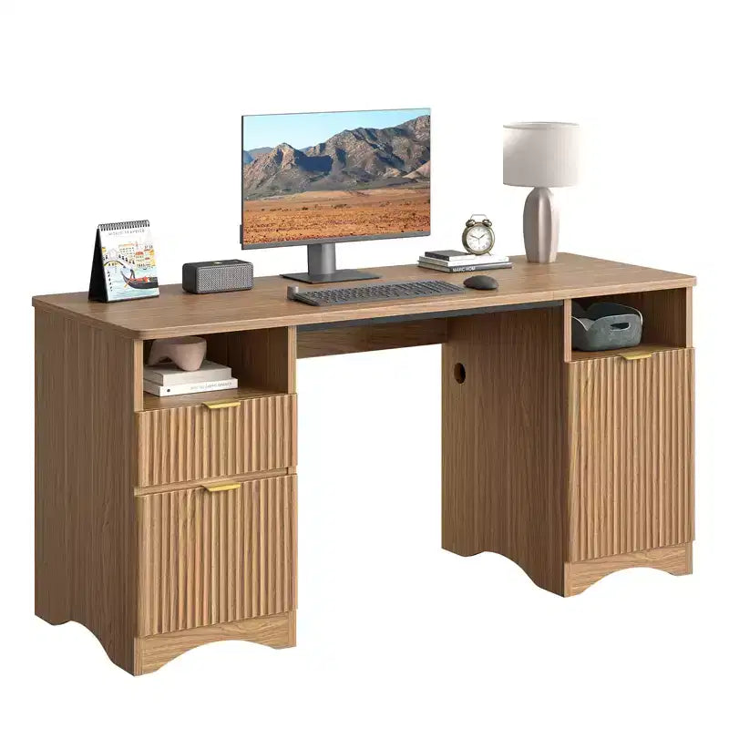 Scrivania direzionale scanalata da 150 cm con contenitore, 2 cassetti e armadietto – Quercia marrone / Quercia naturale, 1 persona