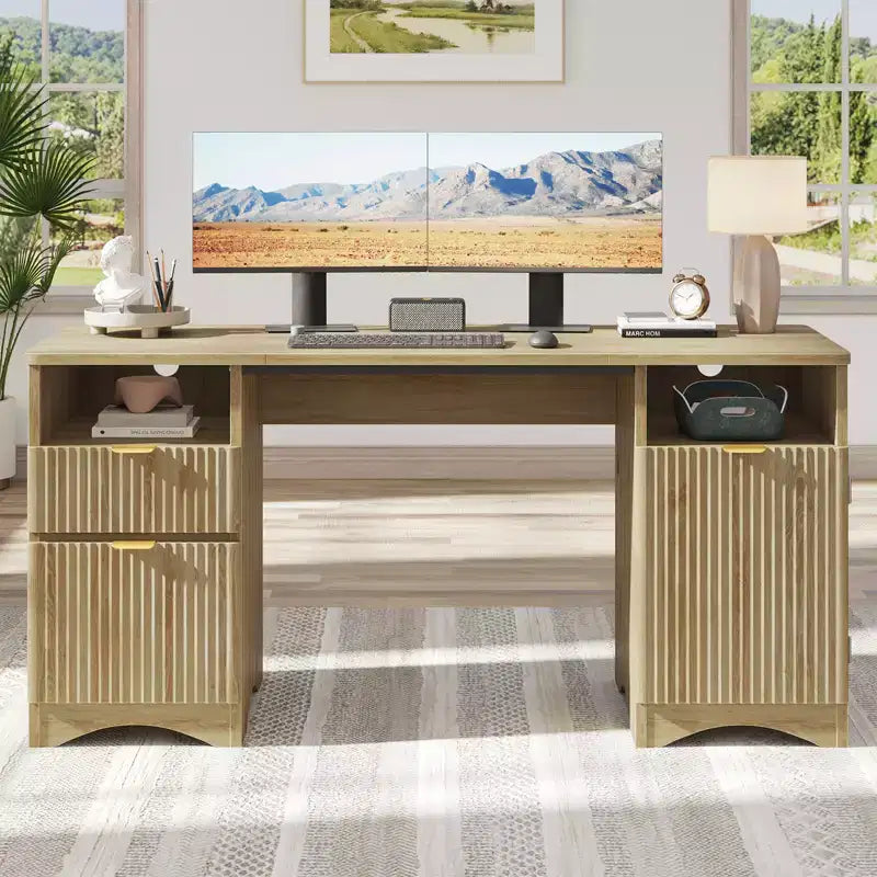 Scrivania direzionale scanalata da 150 cm con contenitore, 2 cassetti e armadietto – Quercia marrone / Quercia naturale, 1 persona