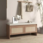 Panca Scarpiera in Rattan con Cuscino, Mobile Ingresso a 2 Ante, Posto a Sedere per 1 Persona