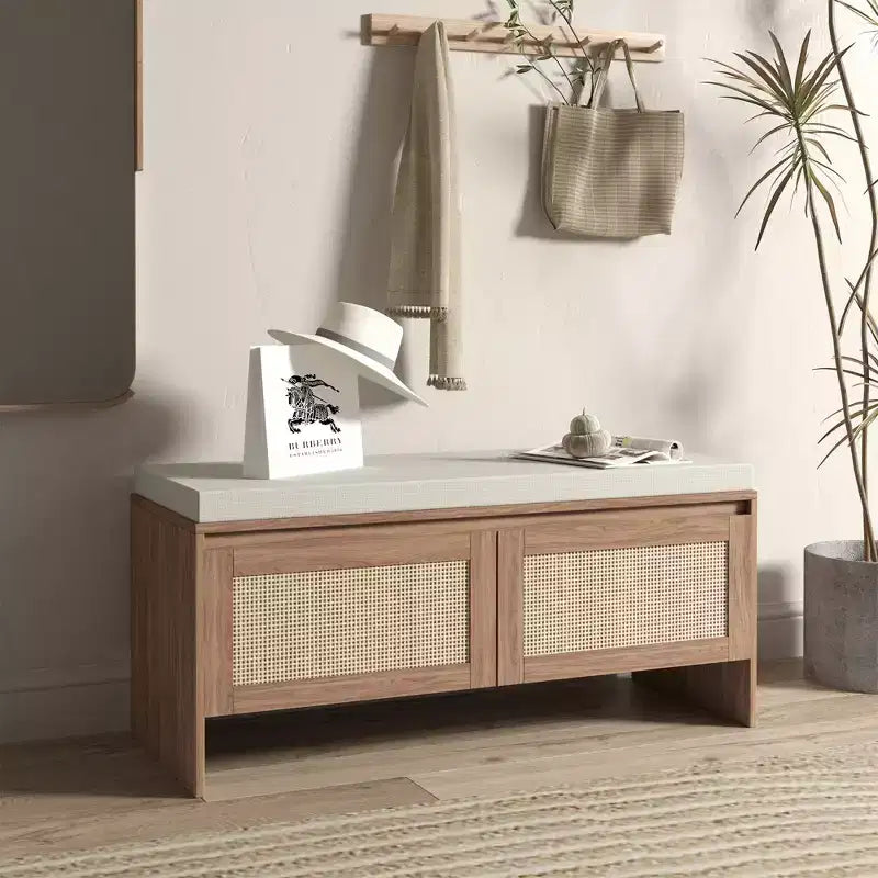 Panca Scarpiera in Rattan con Cuscino, Mobile Ingresso a 2 Ante, Posto a Sedere per 1 Persona