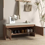 Panca Scarpiera in Rattan con Cuscino, Mobile Ingresso a 2 Ante, Posto a Sedere per 1 Persona