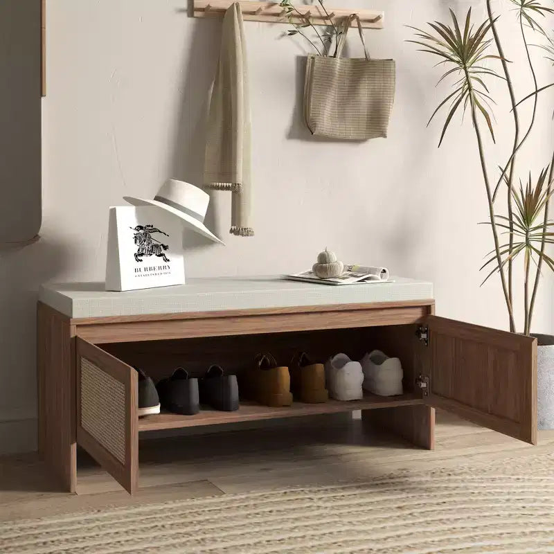 Panca Scarpiera in Rattan con Cuscino, Mobile Ingresso a 2 Ante, Posto a Sedere per 1 Persona