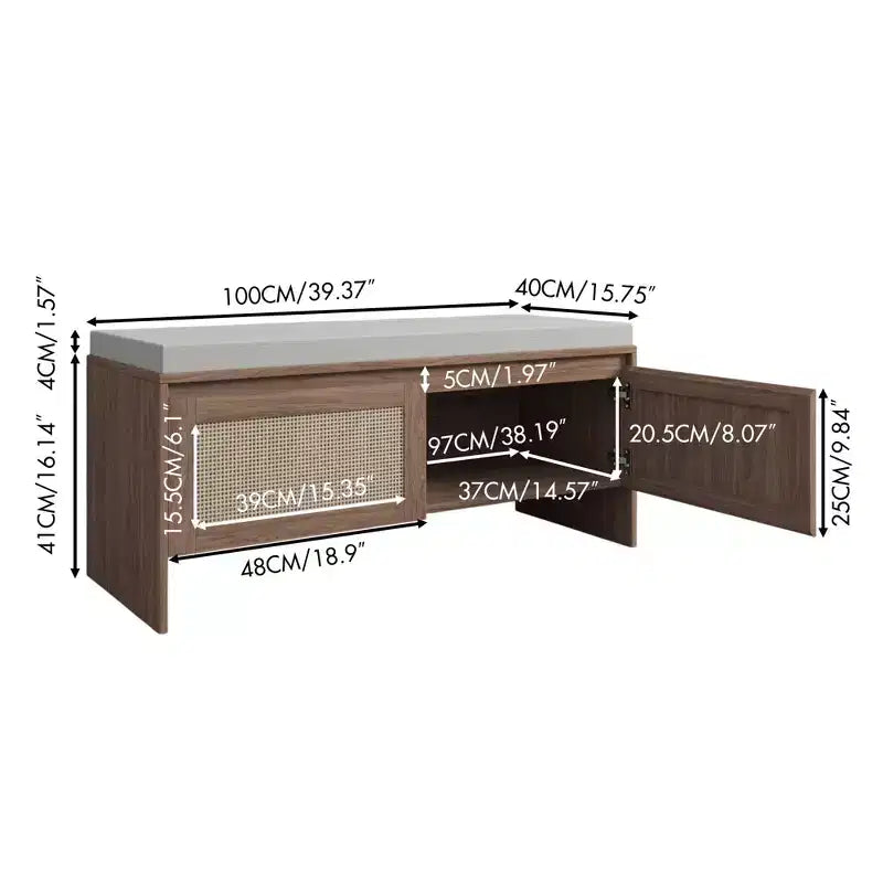 Panca Scarpiera in Rattan con Cuscino, Mobile Ingresso a 2 Ante, Posto a Sedere per 1 Persona