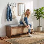 Panca Scarpiera in Rattan con Cuscino, Mobile Ingresso a 2 Ante, Posto a Sedere per 1 Persona