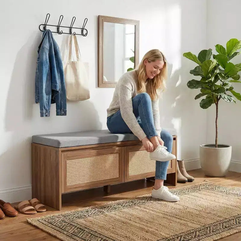 Panca Scarpiera in Rattan con Cuscino, Mobile Ingresso a 2 Ante, Posto a Sedere per 1 Persona