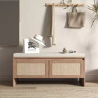 Panca Scarpiera in Rattan con Cuscino, Mobile Ingresso a 2 Ante, Posto a Sedere per 1 Persona