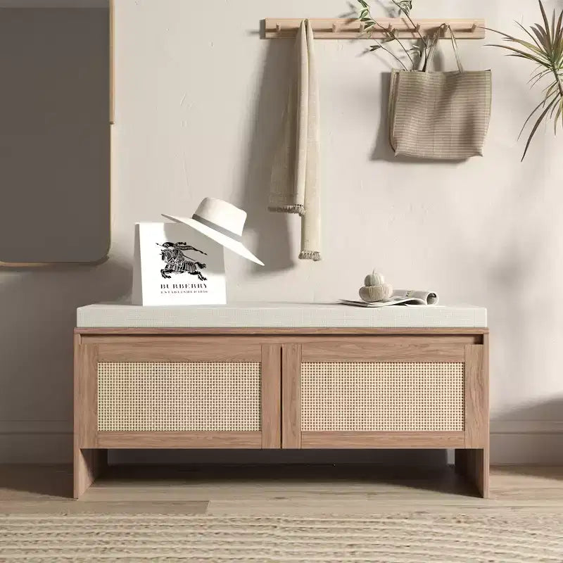 Panca Scarpiera in Rattan con Cuscino, Mobile Ingresso a 2 Ante, Posto a Sedere per 1 Persona