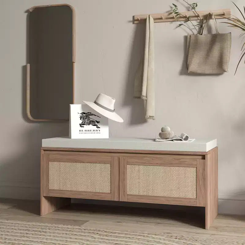 Panca Scarpiera in Rattan con Cuscino, Mobile Ingresso a 2 Ante, Posto a Sedere per 1 Persona