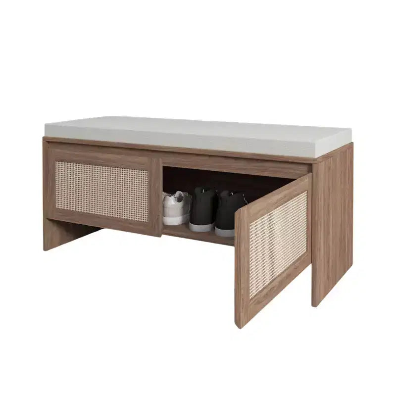 Panca Scarpiera in Rattan con Cuscino, Mobile Ingresso a 2 Ante, Posto a Sedere per 1 Persona