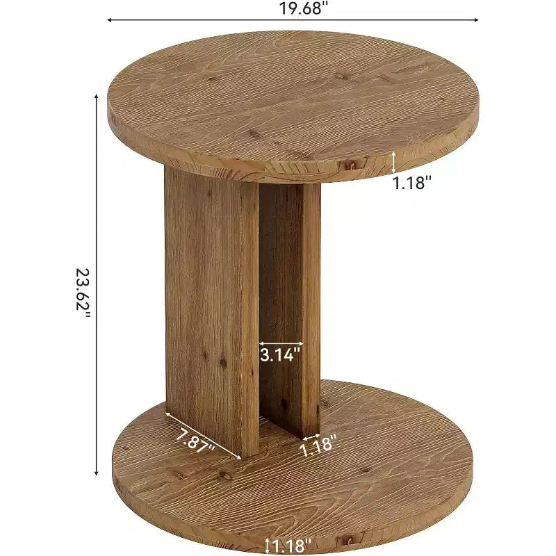 Tavolino rotondo a C in legno massello marrone con ripiano inferiore