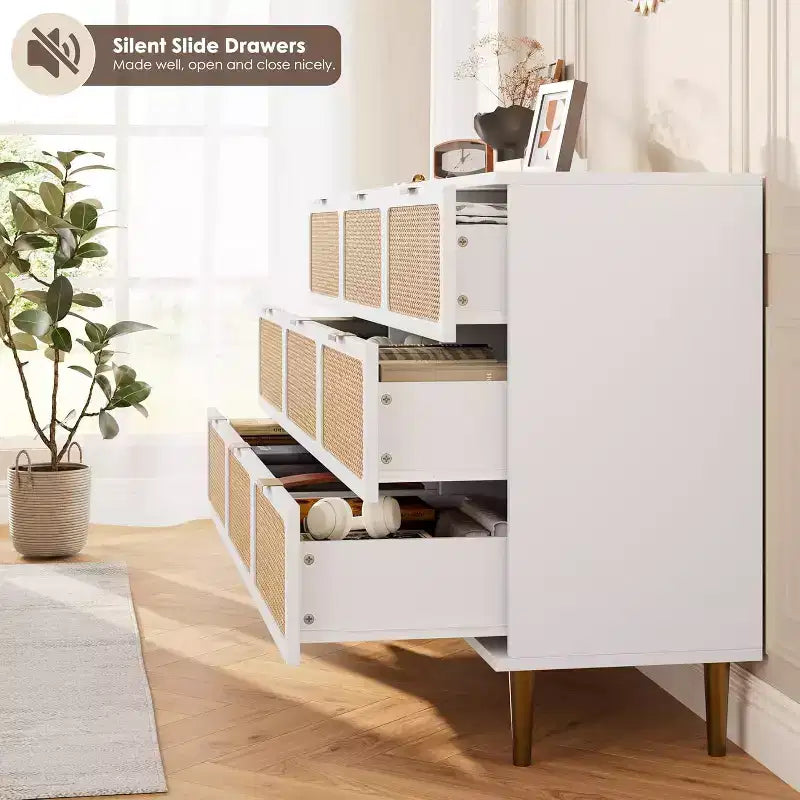 Cassettiera Rattan a 9 Cassetti Bianca e Nera, Mobile Contenitore Intrecciato a Mano per Camera da Letto, Soggiorno e Ingresso