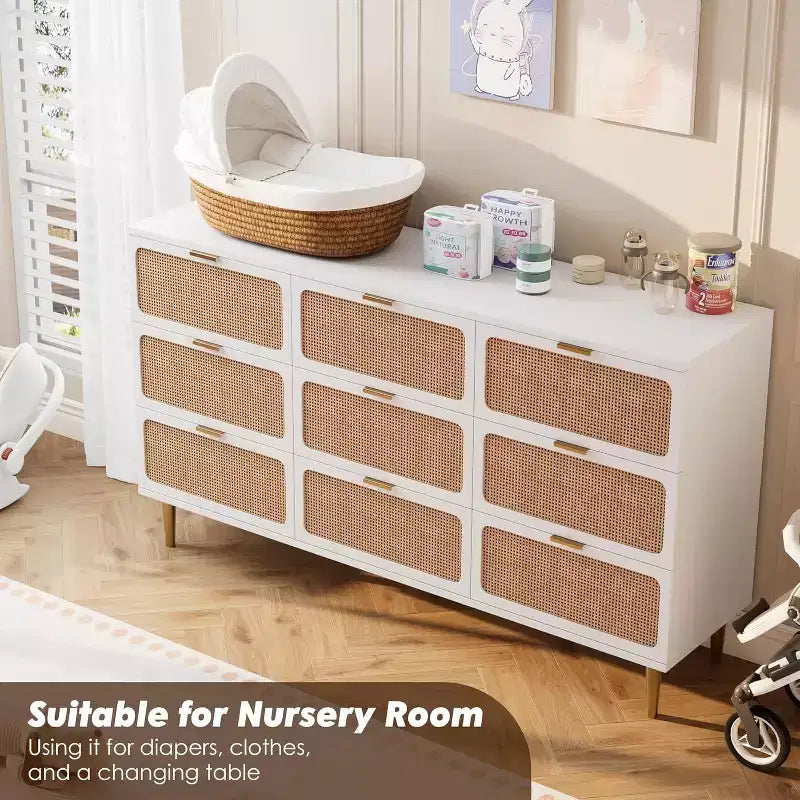 Cassettiera Rattan a 9 Cassetti Bianca e Nera, Mobile Contenitore Intrecciato a Mano per Camera da Letto, Soggiorno e Ingresso