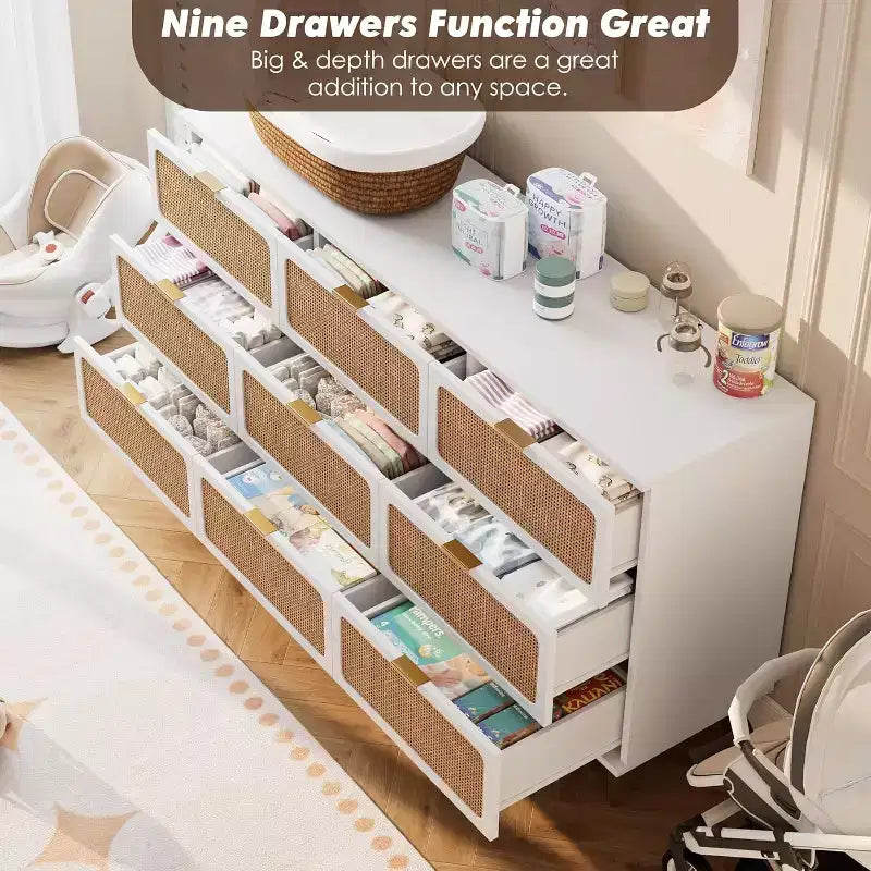 Cassettiera Rattan a 9 Cassetti Bianca e Nera, Mobile Contenitore Intrecciato a Mano per Camera da Letto, Soggiorno e Ingresso