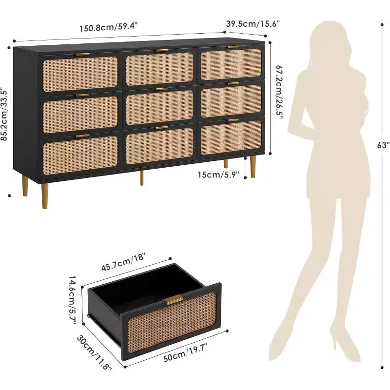 Cassettiera Rattan a 9 Cassetti Bianca e Nera, Mobile Contenitore Intrecciato a Mano per Camera da Letto, Soggiorno e Ingresso