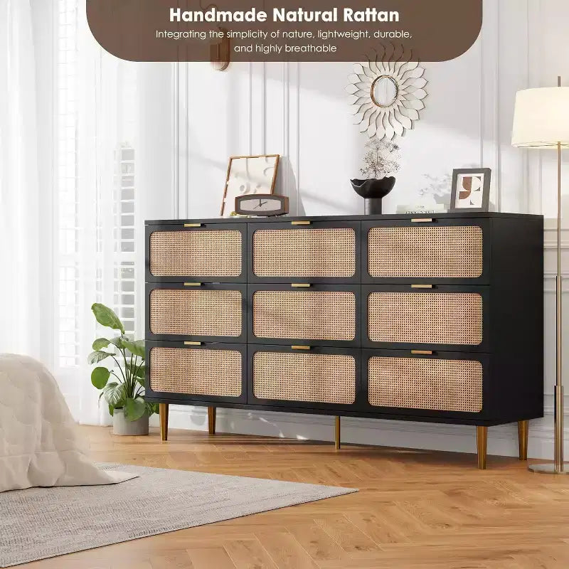 Cassettiera Rattan a 9 Cassetti Bianca e Nera, Mobile Contenitore Intrecciato a Mano per Camera da Letto, Soggiorno e Ingresso