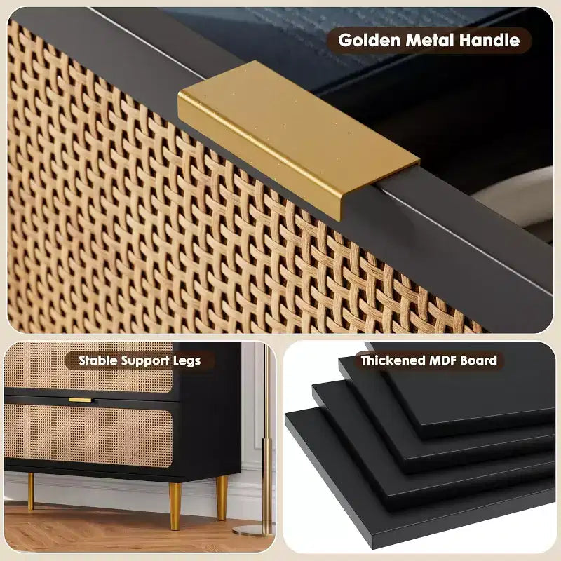 Cassettiera Rattan a 9 Cassetti Bianca e Nera, Mobile Contenitore Intrecciato a Mano per Camera da Letto, Soggiorno e Ingresso