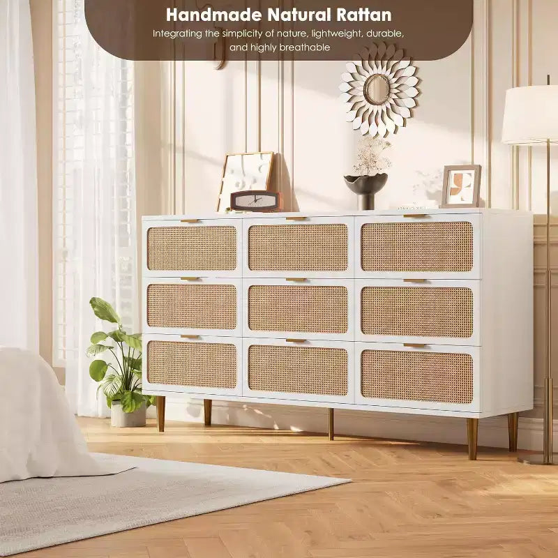 Cassettiera Rattan a 9 Cassetti Bianca e Nera, Mobile Contenitore Intrecciato a Mano per Camera da Letto, Soggiorno e Ingresso