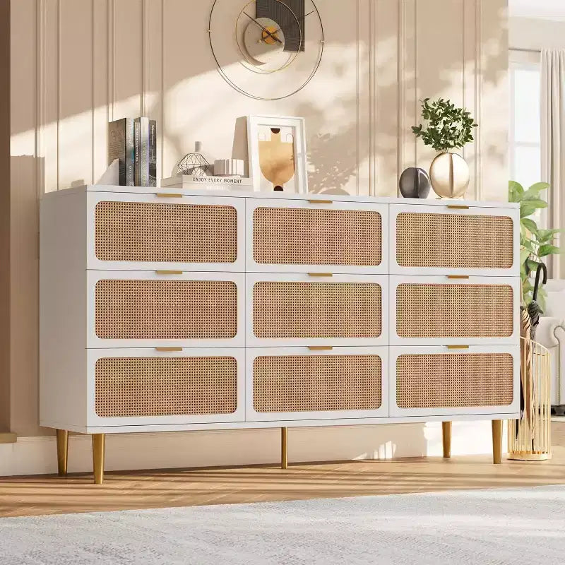 Cassettiera Rattan a 9 Cassetti Bianca e Nera, Mobile Contenitore Intrecciato a Mano per Camera da Letto, Soggiorno e Ingresso