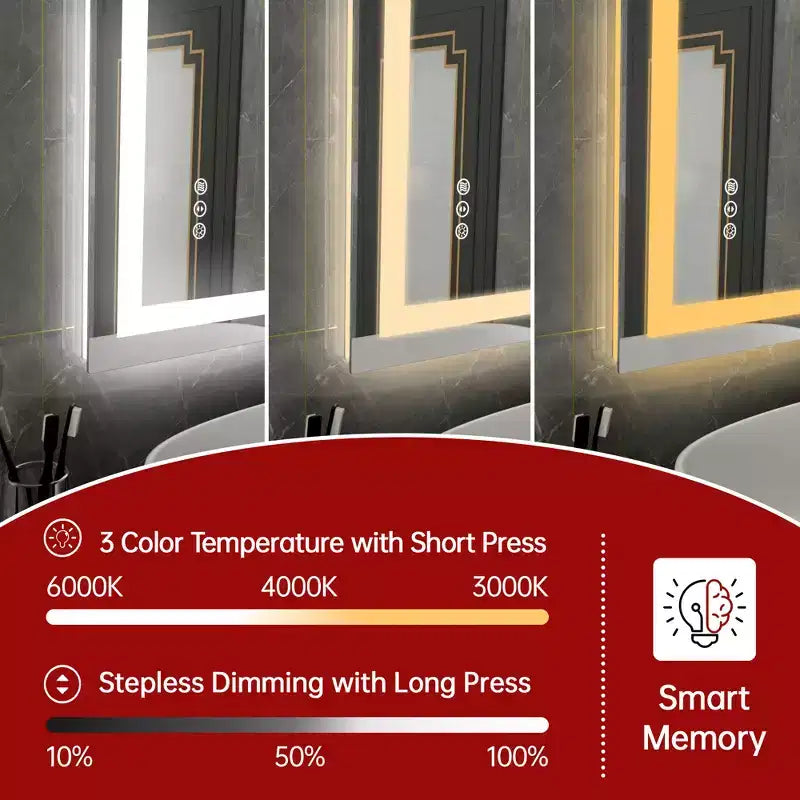 Specchio a muro da 24x32 con LED, antiappannamento, 3 temperature colore, utente singolo
