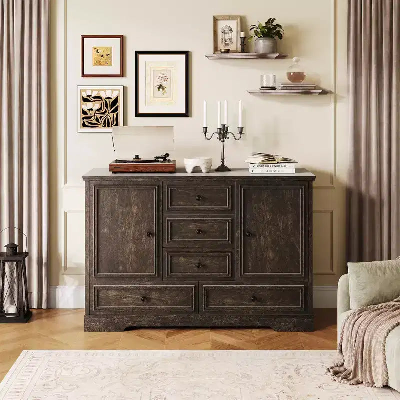 Credenza in Stile Rustico Nera/Marrone/Rovere – Mobile Contenitore a 2 Ante e 5 Cassetti