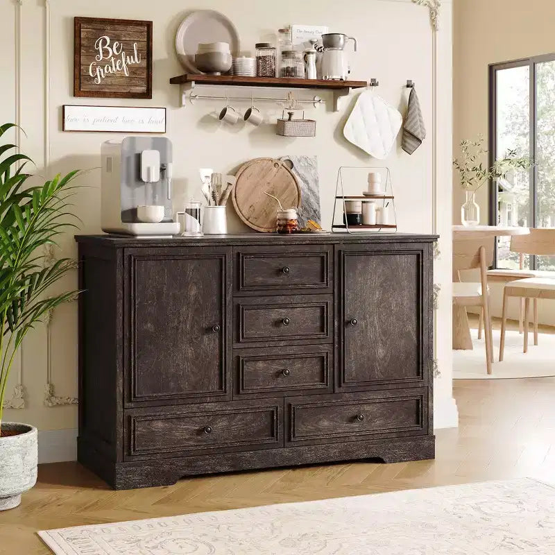 Credenza in Stile Rustico Nera/Marrone/Rovere – Mobile Contenitore a 2 Ante e 5 Cassetti