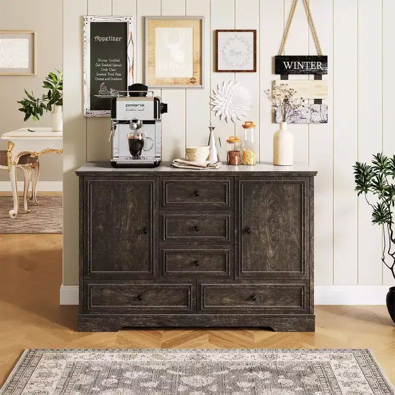 Credenza in Stile Rustico Nera/Marrone/Rovere – Mobile Contenitore a 2 Ante e 5 Cassetti