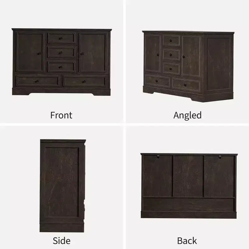 Credenza in Stile Rustico Nera/Marrone/Rovere – Mobile Contenitore a 2 Ante e 5 Cassetti
