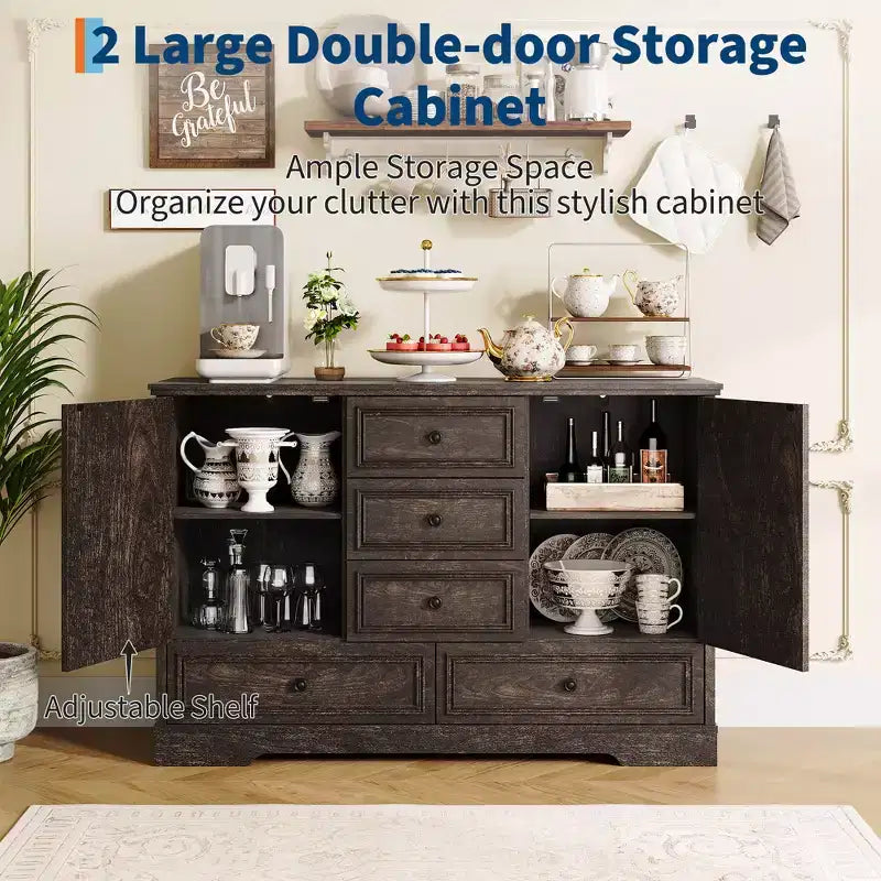Credenza in Stile Rustico Nera/Marrone/Rovere – Mobile Contenitore a 2 Ante e 5 Cassetti