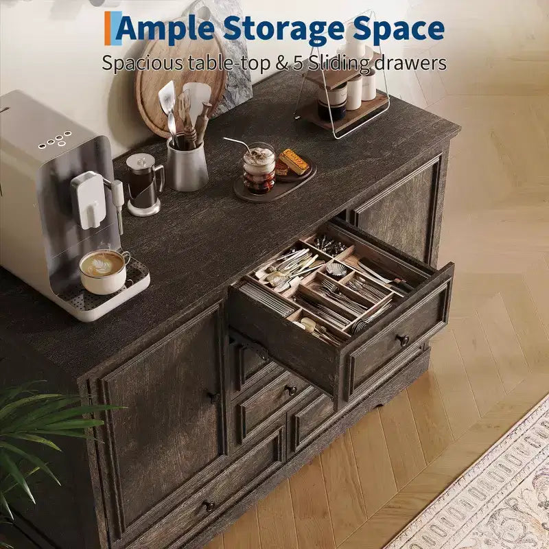 Credenza in Stile Rustico Nera/Marrone/Rovere – Mobile Contenitore a 2 Ante e 5 Cassetti