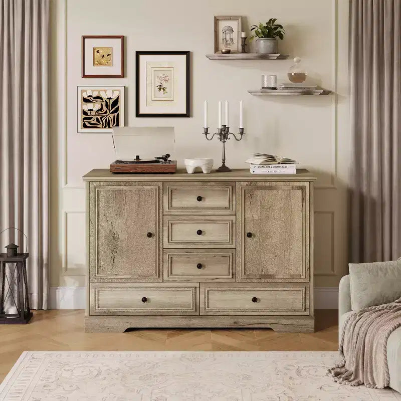 Credenza in Stile Rustico Nera/Marrone/Rovere – Mobile Contenitore a 2 Ante e 5 Cassetti