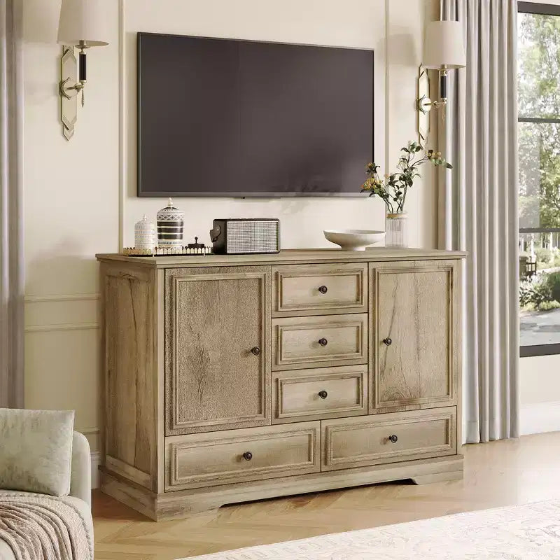 Credenza in Stile Rustico Nera/Marrone/Rovere – Mobile Contenitore a 2 Ante e 5 Cassetti