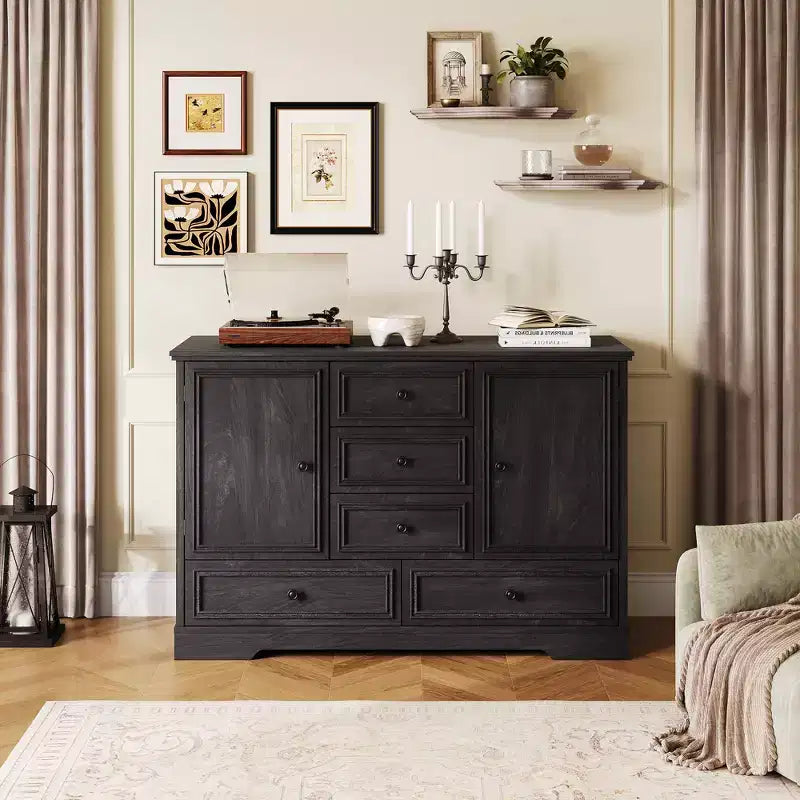 Credenza in Stile Rustico Nera/Marrone/Rovere – Mobile Contenitore a 2 Ante e 5 Cassetti