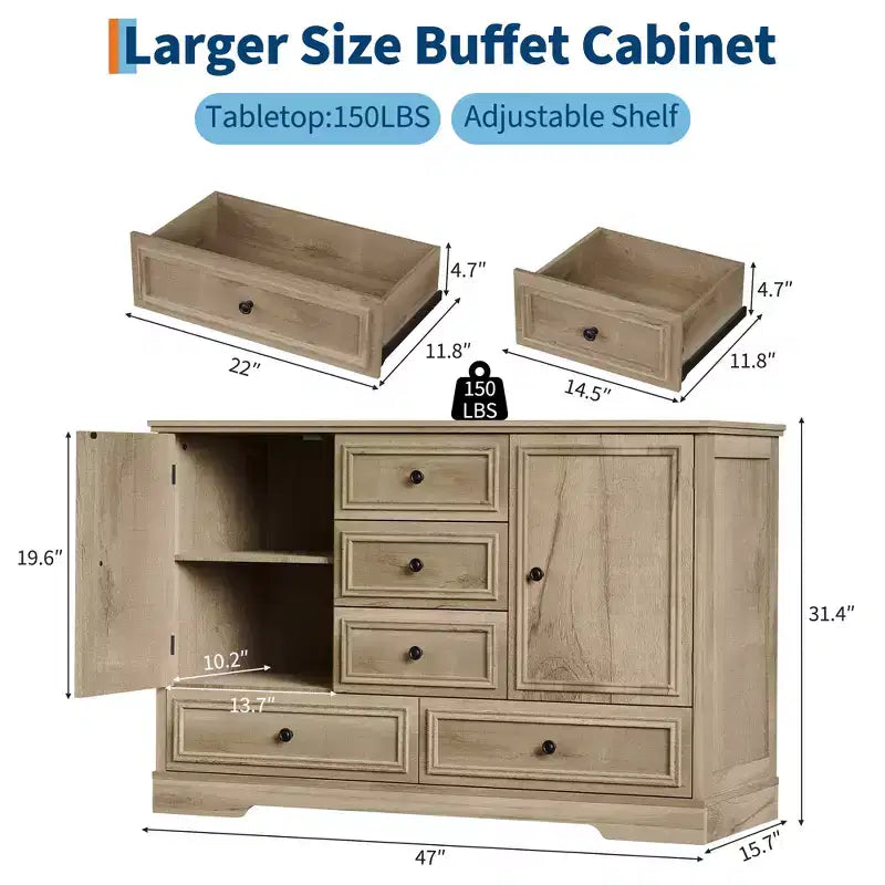 Credenza in Stile Rustico Nera/Marrone/Rovere – Mobile Contenitore a 2 Ante e 5 Cassetti