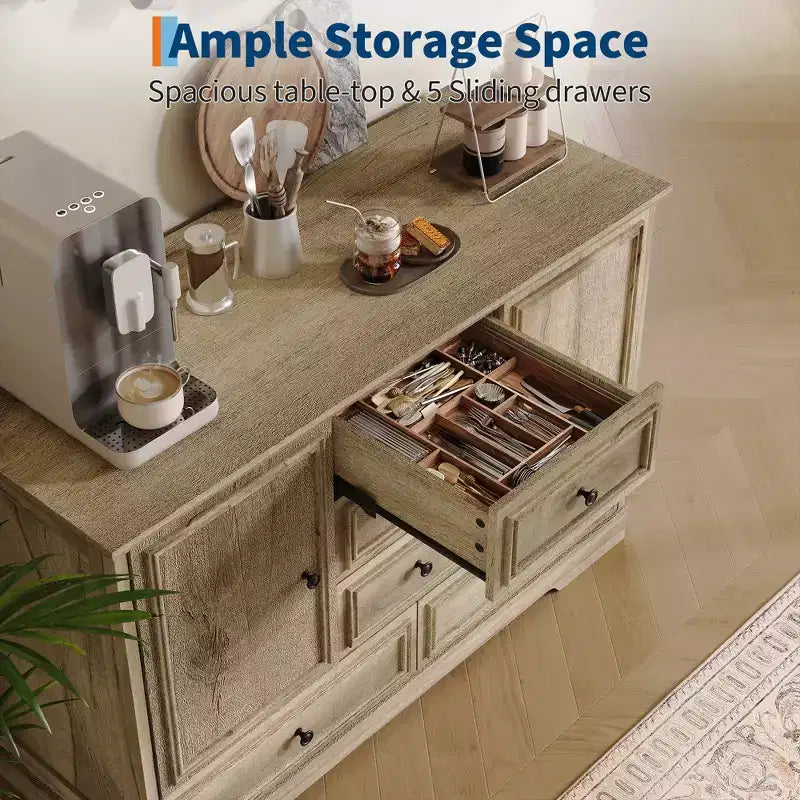 Credenza in Stile Rustico Nera/Marrone/Rovere – Mobile Contenitore a 2 Ante e 5 Cassetti