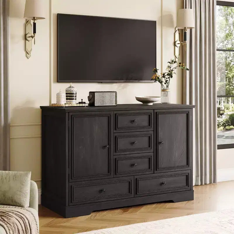 Credenza in Stile Rustico Nera/Marrone/Rovere – Mobile Contenitore a 2 Ante e 5 Cassetti
